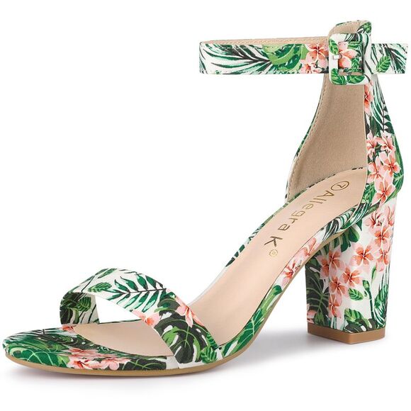 Allegra K Shoes - Open Toe Block Heel Printed Ankle Strap Green Sandals